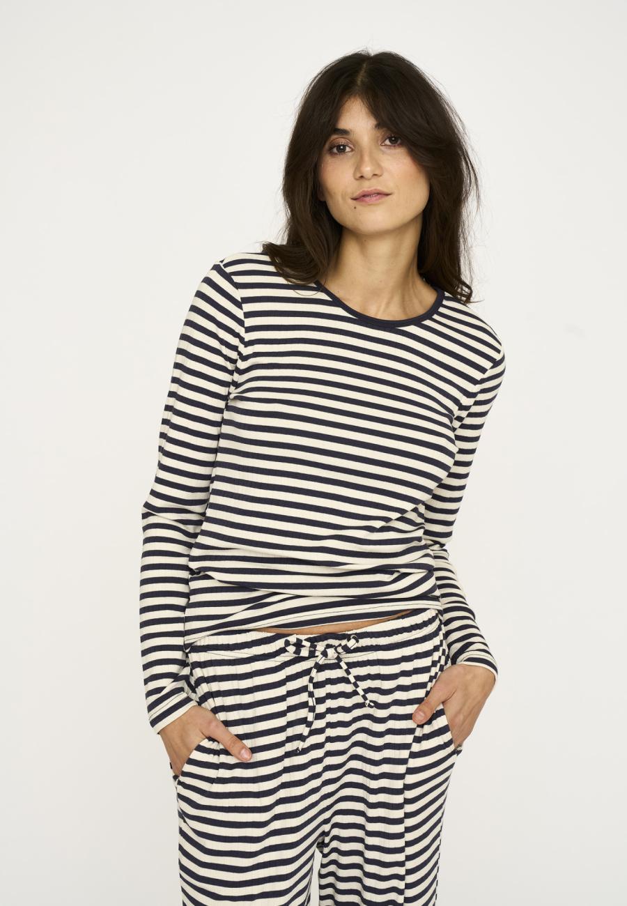 Langarm-Shirt, Ripp | Bambus-Viskose | blau gestreift