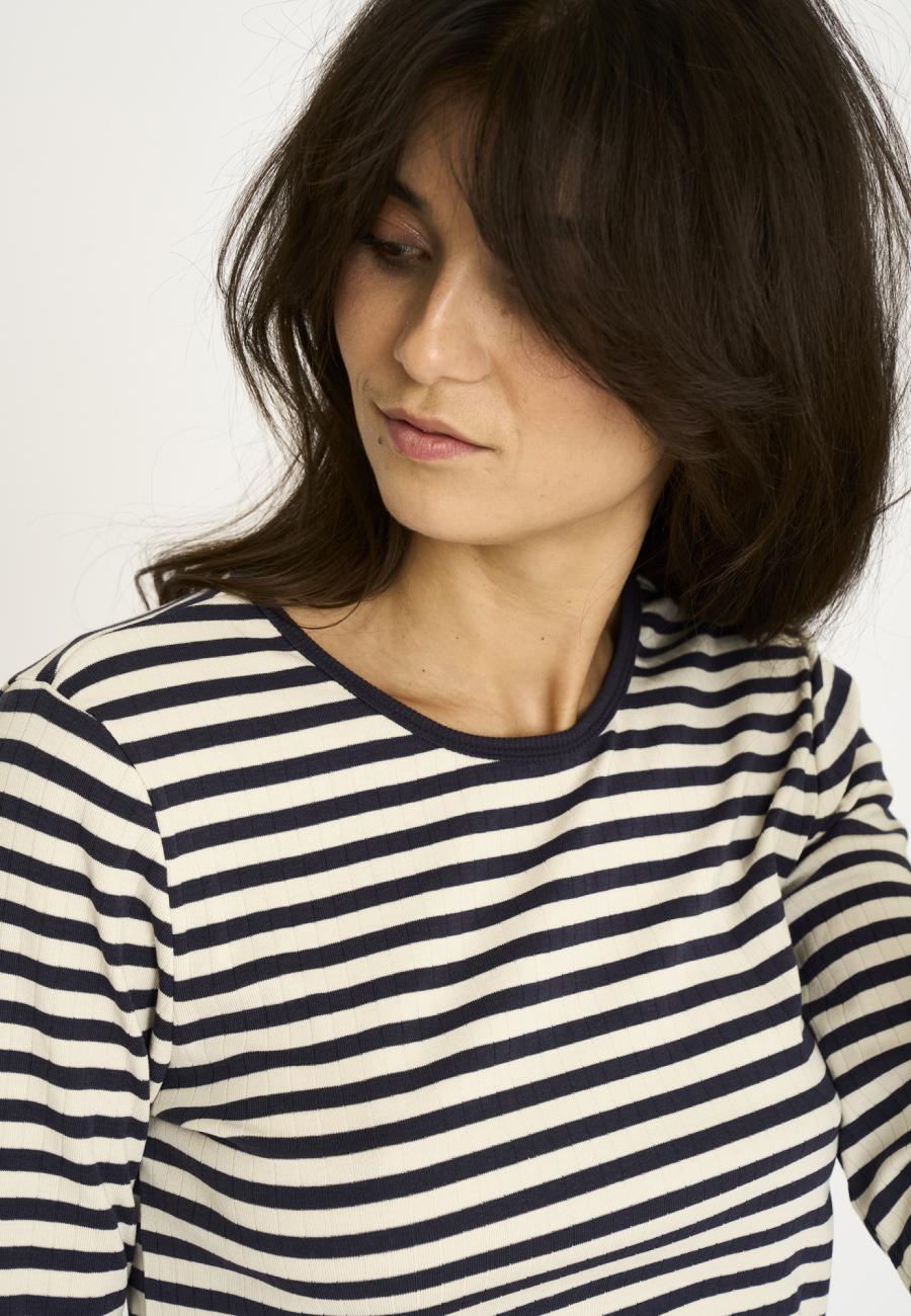 Langarm-Shirt, Ripp | Bambus-Viskose | blau gestreift