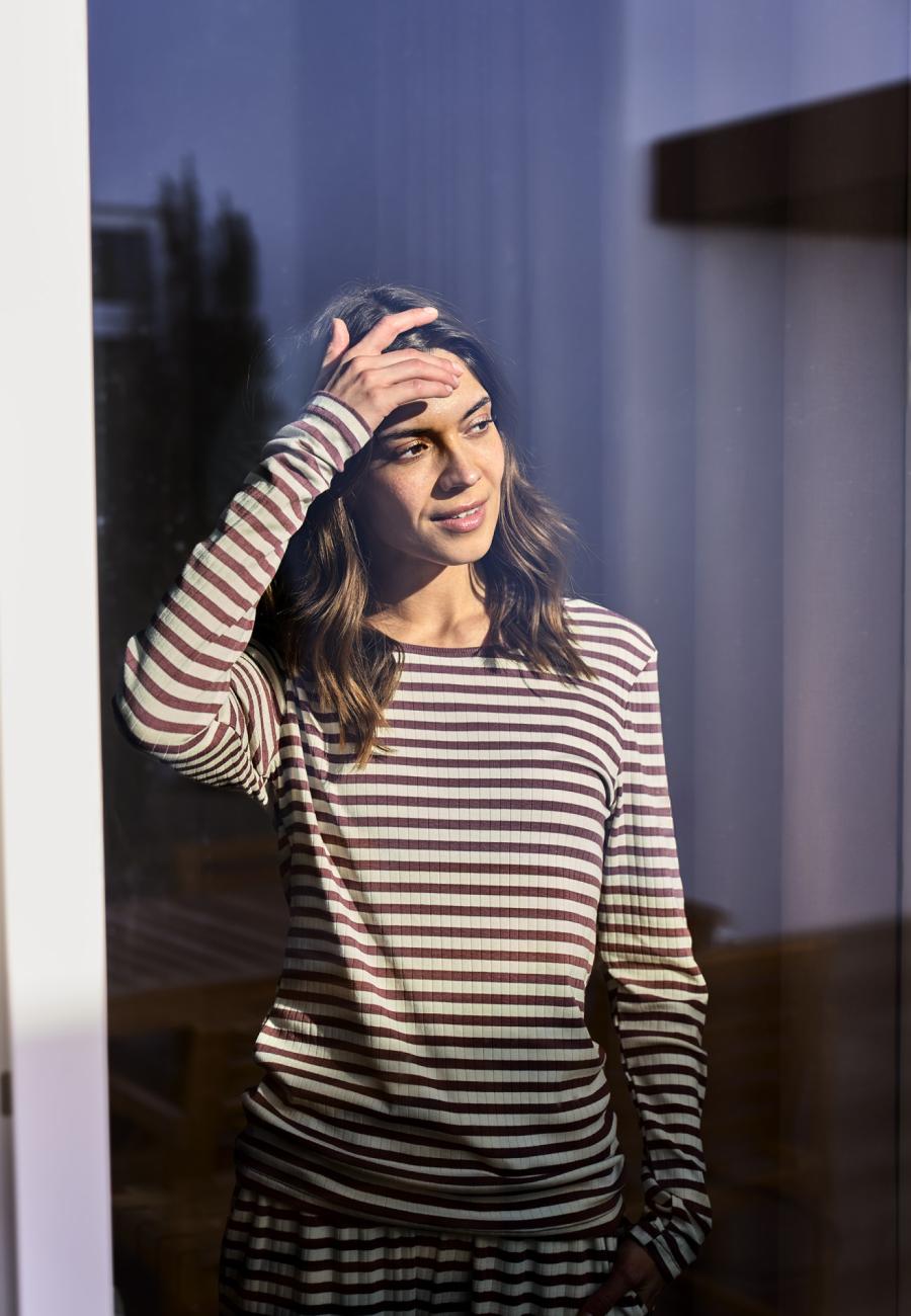 Langarm-Shirt, Ripp | Bambus-Viskose | dunkelrosa gestreift -JBS of Denmark Women