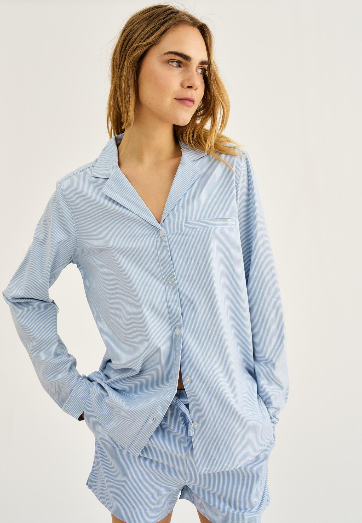 Pyjamashirt, langarm, Bambus-Viskose, blau gestreift