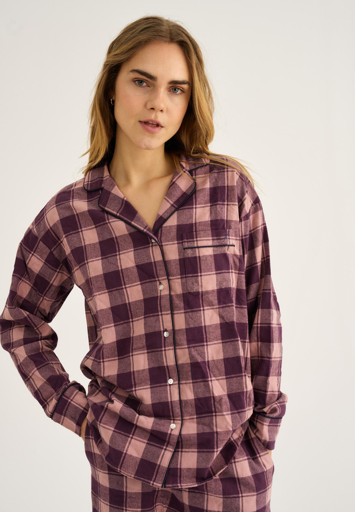 Pyjamashirt, Flanell, 100% Bio-Baumwolle, dunkelrosa kariert