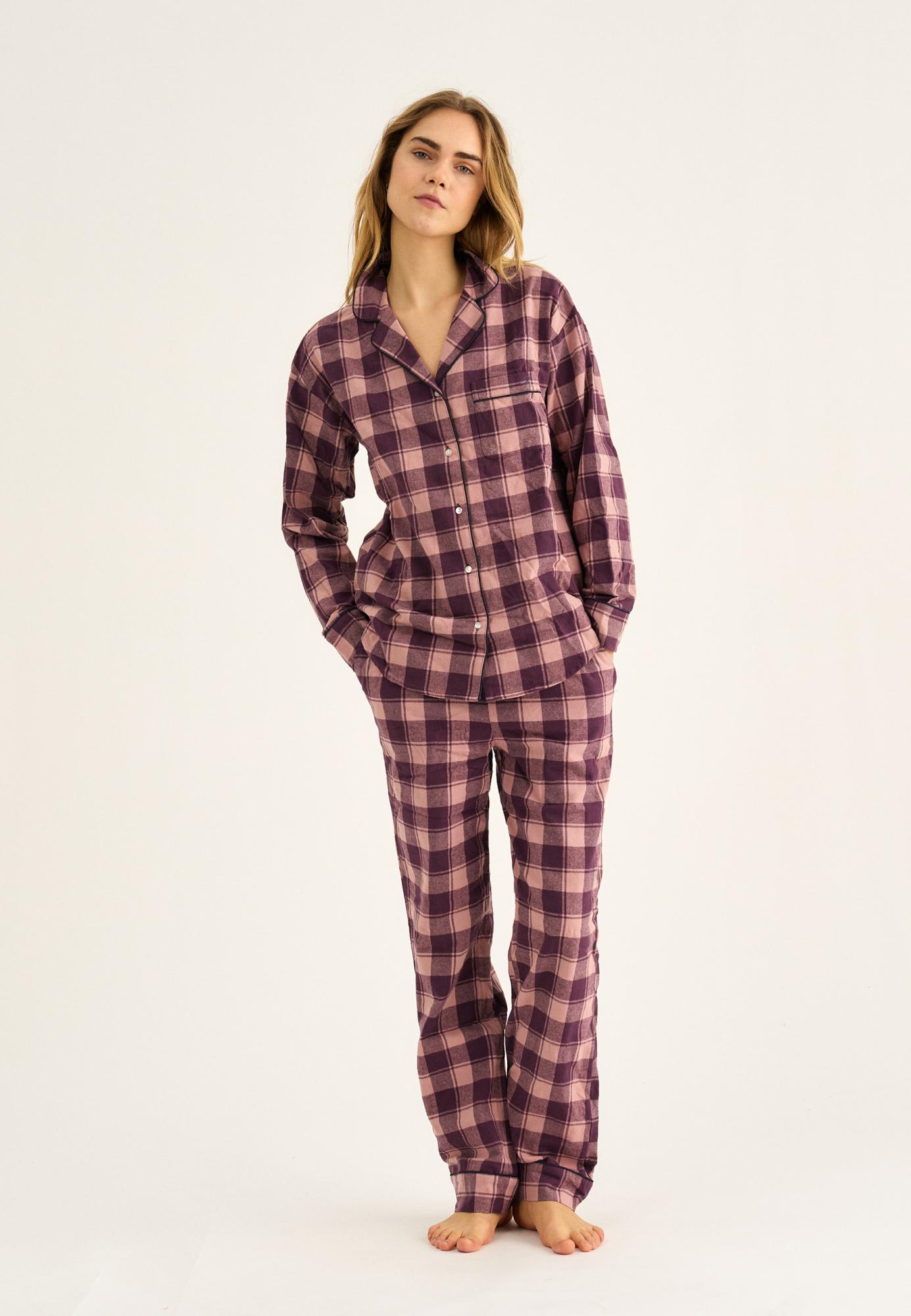 Pyjamashirt, Flanell, 100% Bio-Baumwolle, dunkelrosa kariert
