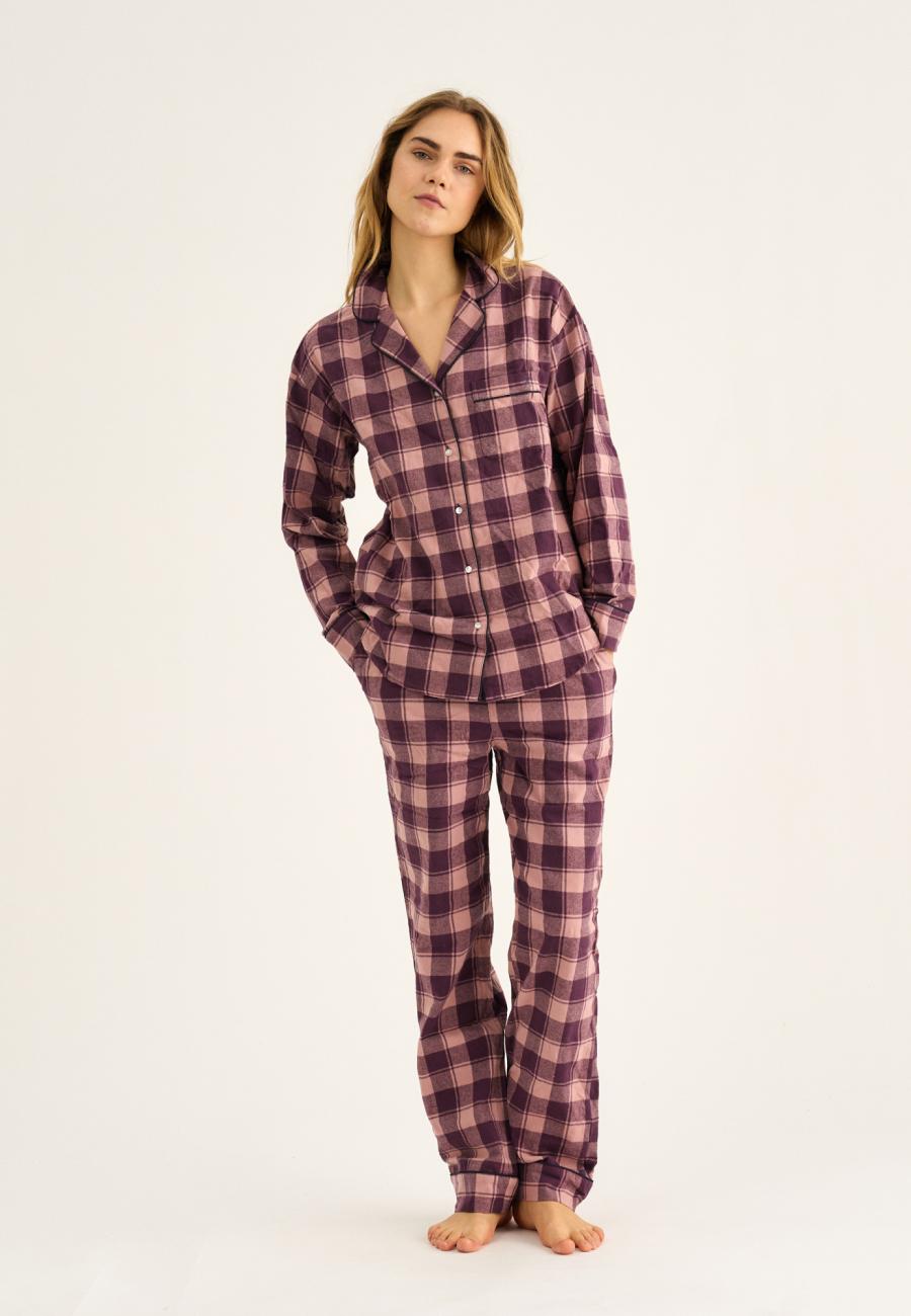 Pyjamashirt, Flanell, 100% Bio-Baumwolle, dunkelrosa kariert