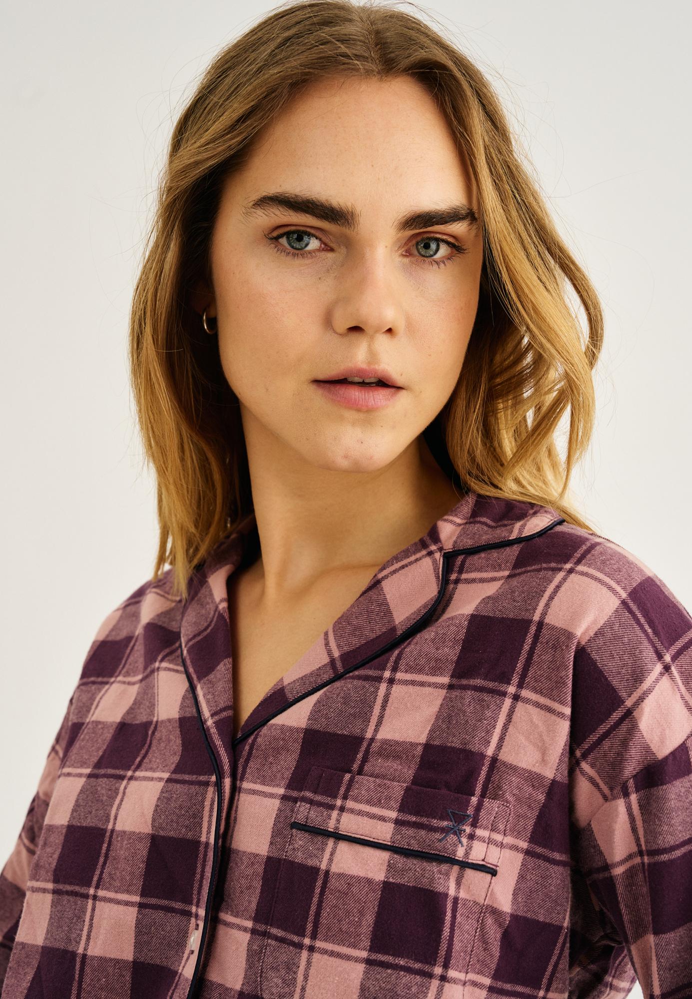 Pyjamashirt, Flanell, 100% Bio-Baumwolle, dunkelrosa kariert